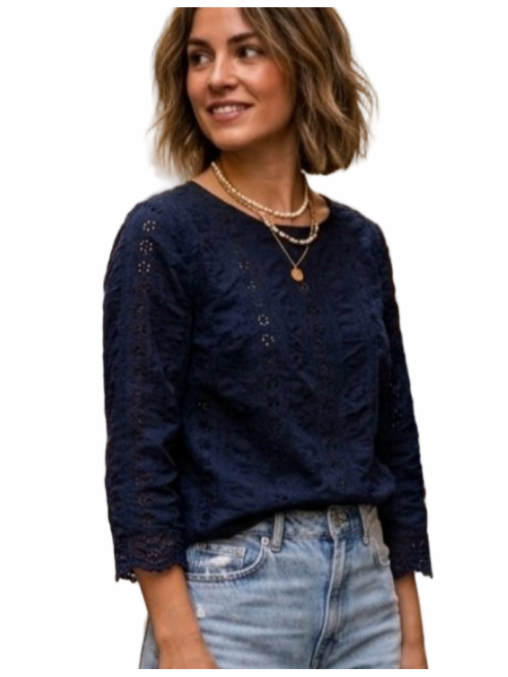 Gap Womens M Navy Blue Eyelet Lace Embroidered Blouse 3/4 Sleeve Scoop Neck 2058